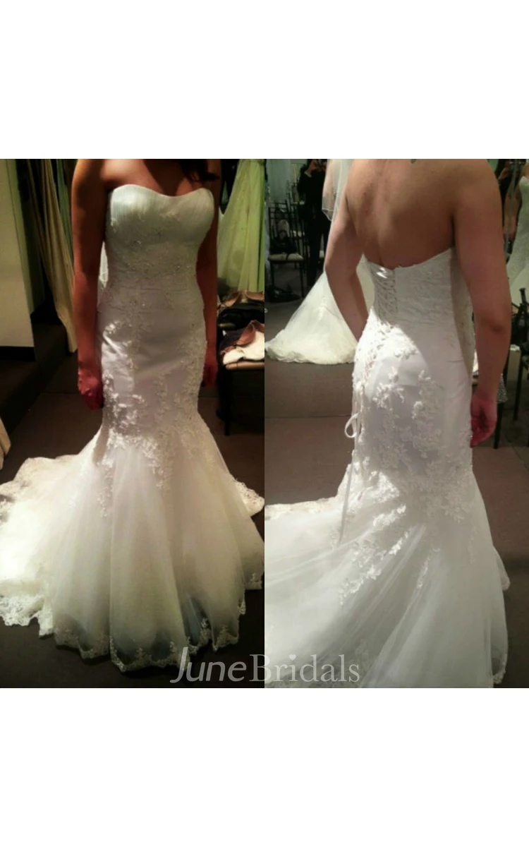 Strapless Sweetheart Pleated Beaded Lace Gown With Lace-up