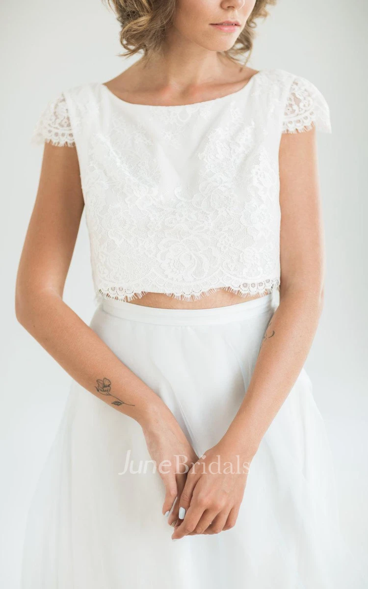Crop Top Two Piece Lace Top And Flowing Blue Dress and Pearly Headdress Simple Style Wedding Headdress