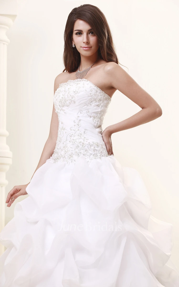 Strapless Pick-Up A-Line Gown With Ruching and Beading