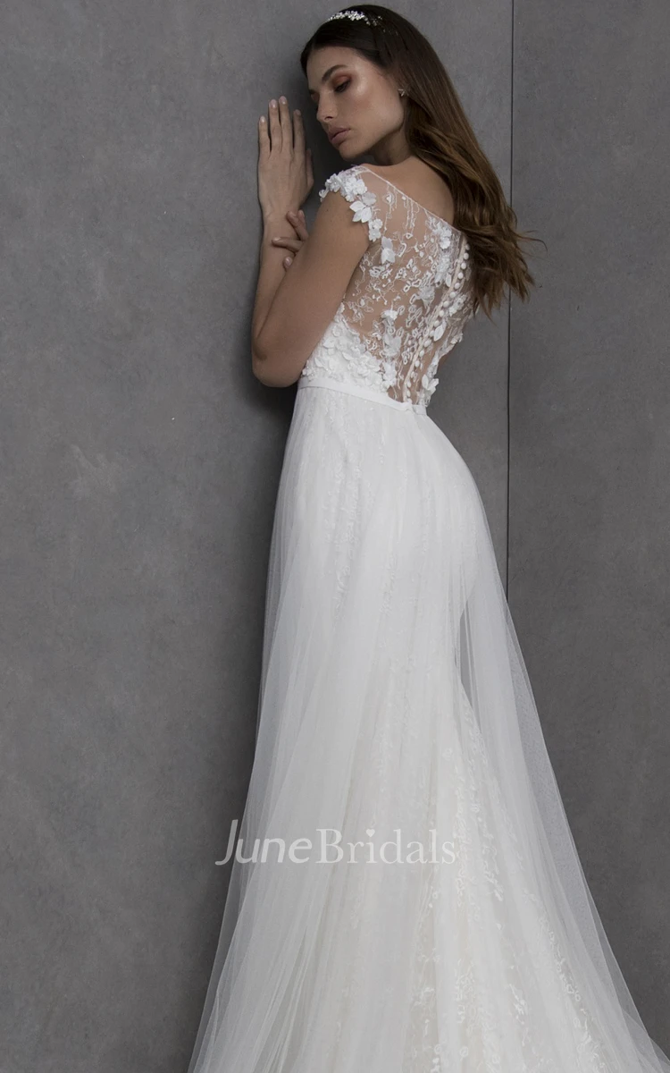 Ethereal Plunging Neckline Short Sleeve Sweep Train Tulle A Line Wedding Dress with Appliques