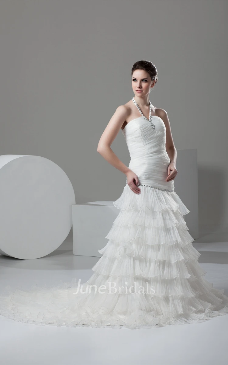 Sleeveless Ruched A-Line Dress with Beading and Tiers