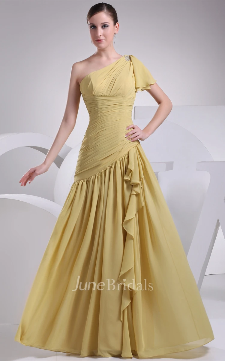 Ruched One-Shoulder Sleeveless A-Line Gown with Pleats and Ruffles
