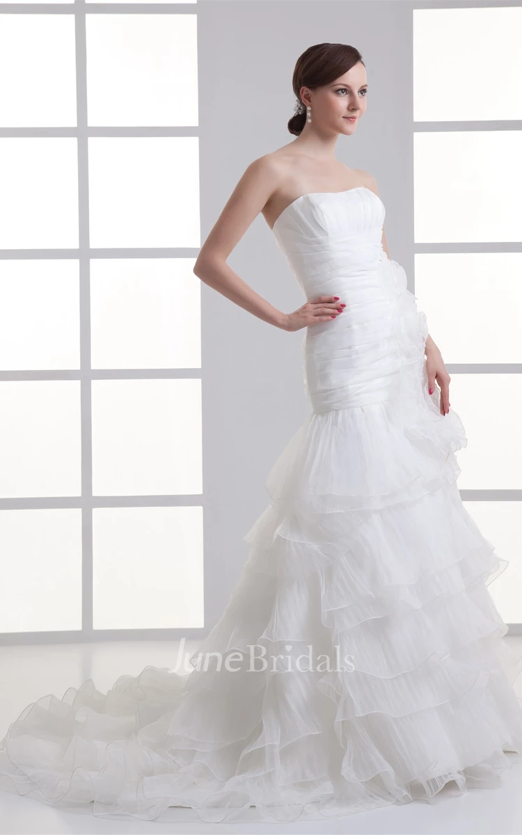 strapless a-line ball tiered gown with floral embellishment