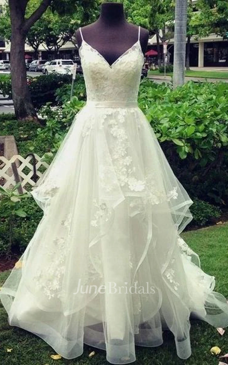 Sleeveless Spaghetti Adorable Ruffled V-neck Tulle Wedding Dress With Floral Appliques