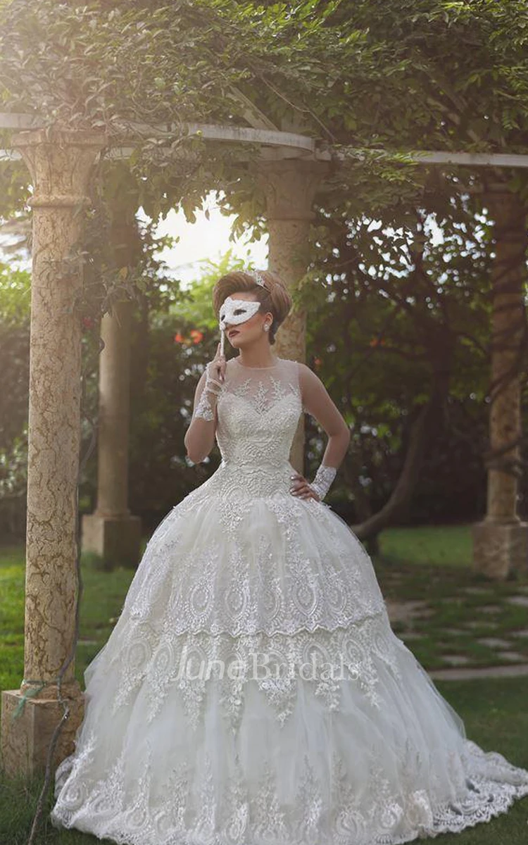 Elegant Tulle Lace Appliques Illusion Wedding Dress Ball Gown Zipper
