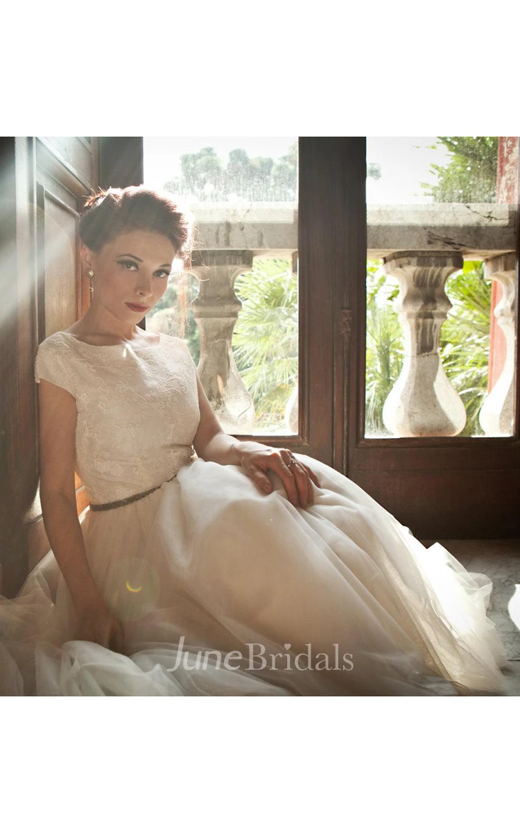 Jewel Cap Tea-Length Tulle Wedding Dress With Pleats And Sash
