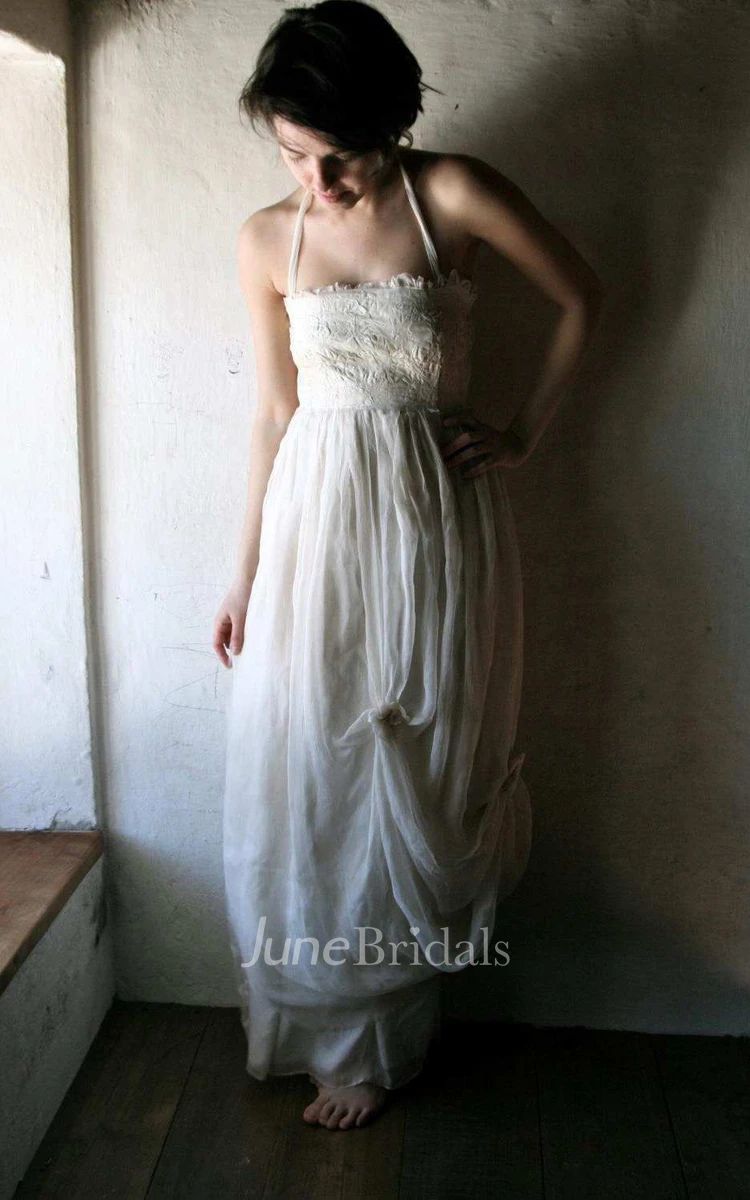 Haltered Pick Up Draped Floor-Length Dress With Lace