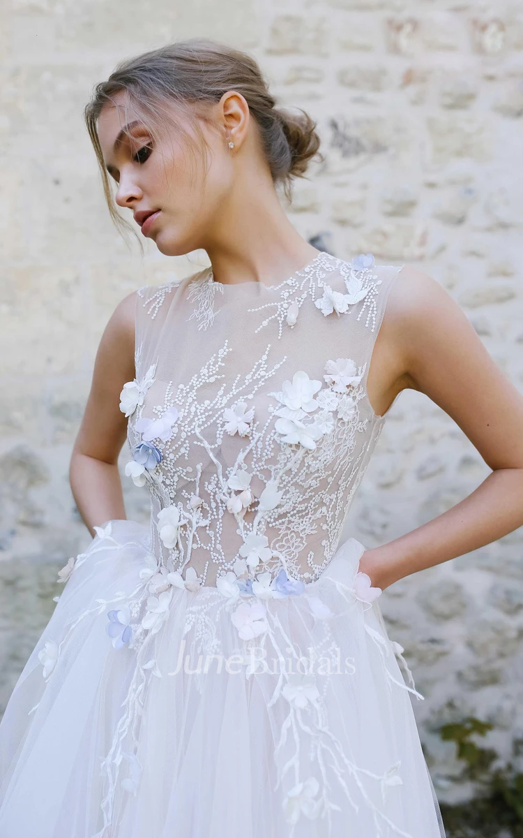Jewel-Neck Sleeveless A-Line Tulle Pleated Dress With Appliques And Illusion