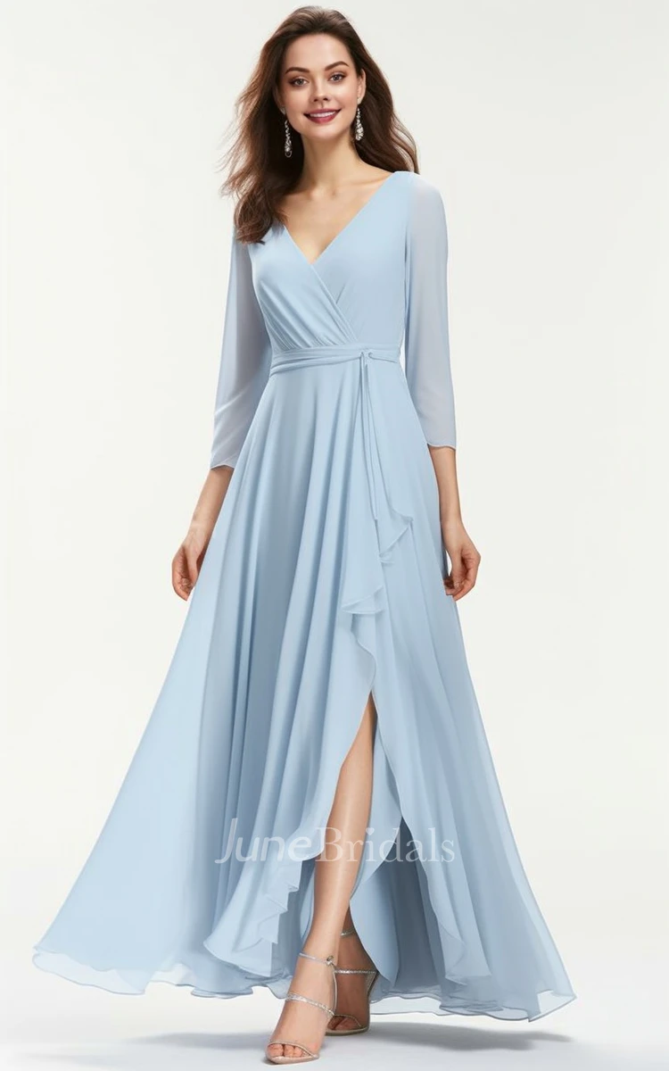 2023 A-Line Chiffon 3/4 Length Sleeve Bridesmaid Dress with Split Front V-neck Floor-length Simple Casual Bohemian Elegant