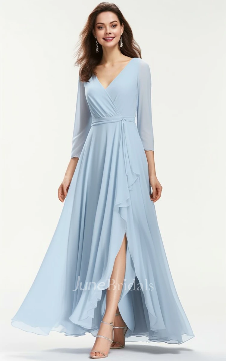 2024 A-Line Chiffon 3/4 Length Sleeve Bridesmaid Dress with Split Front V-neck Floor-length Simple Casual Bohemian Elegant