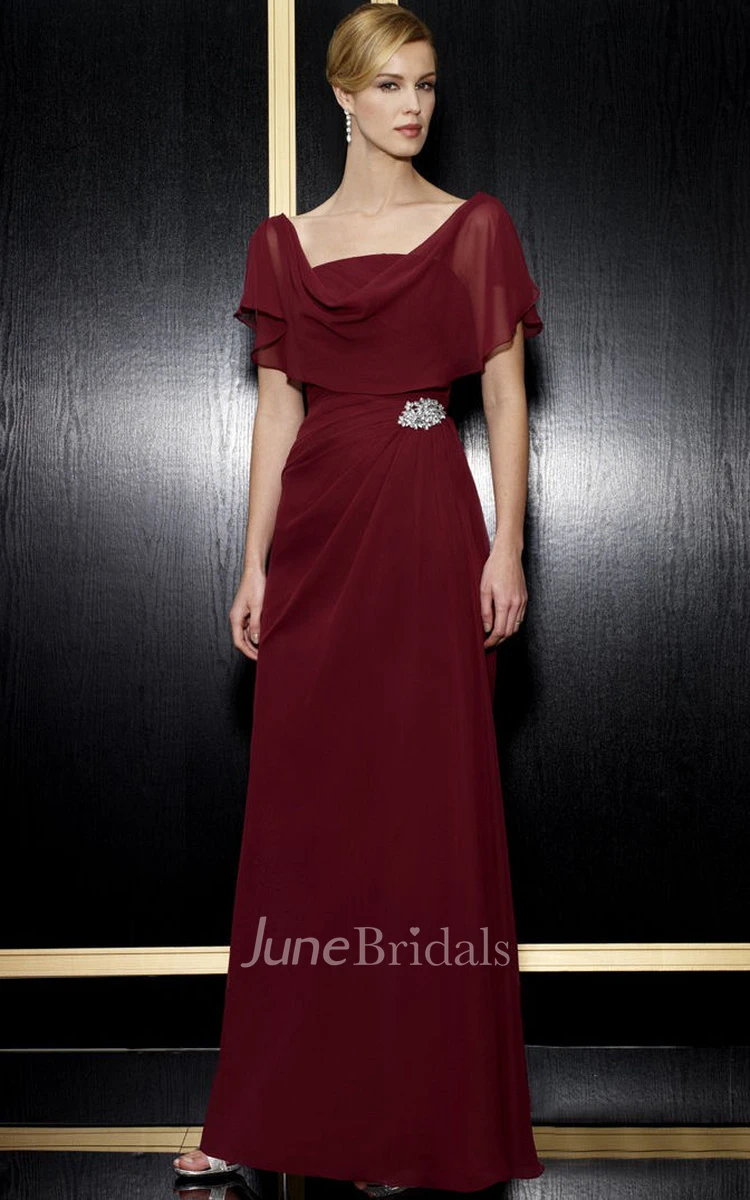 Maxi Cowl Poet-Short-Sleeve Broach Chiffon Formal Dress With Low-V Back