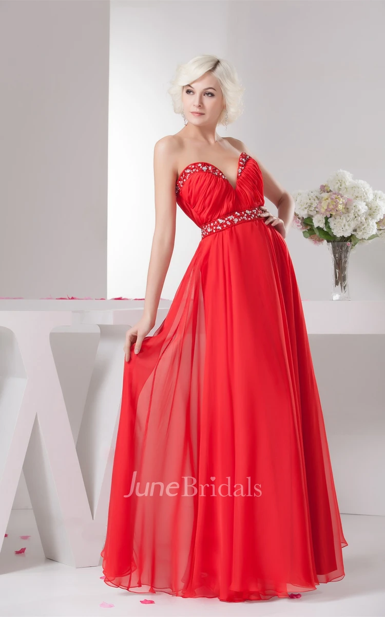 Chiffon Plunged Maxi Gown with Beading and Pleats