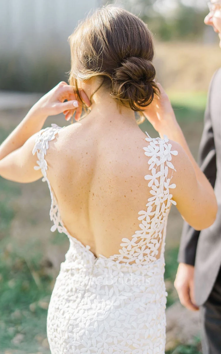 Romantic Trumpet Lace Wedding Dress With Deep-V Back And V-neck 