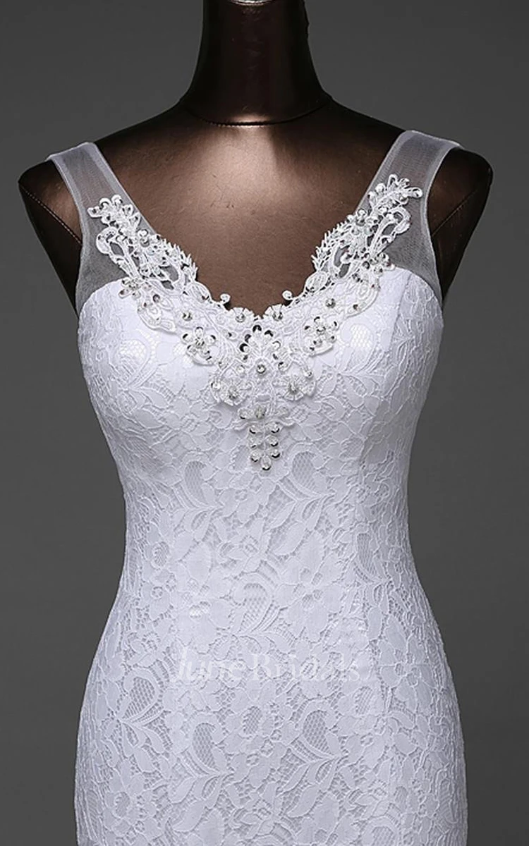 Trumpet Tea-Length V-Neck Sleeveless Beading Appliques Sweep Train Backless Lace-Up Back Lace Dress