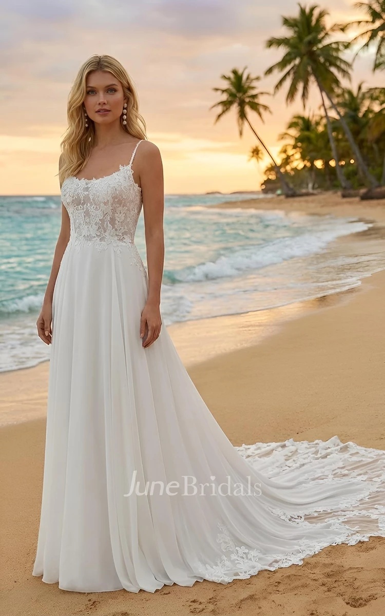 Bohemian Lace A-Line Wedding Dress Beach Spaghetti Chiffon Bridal Gown with Open Back