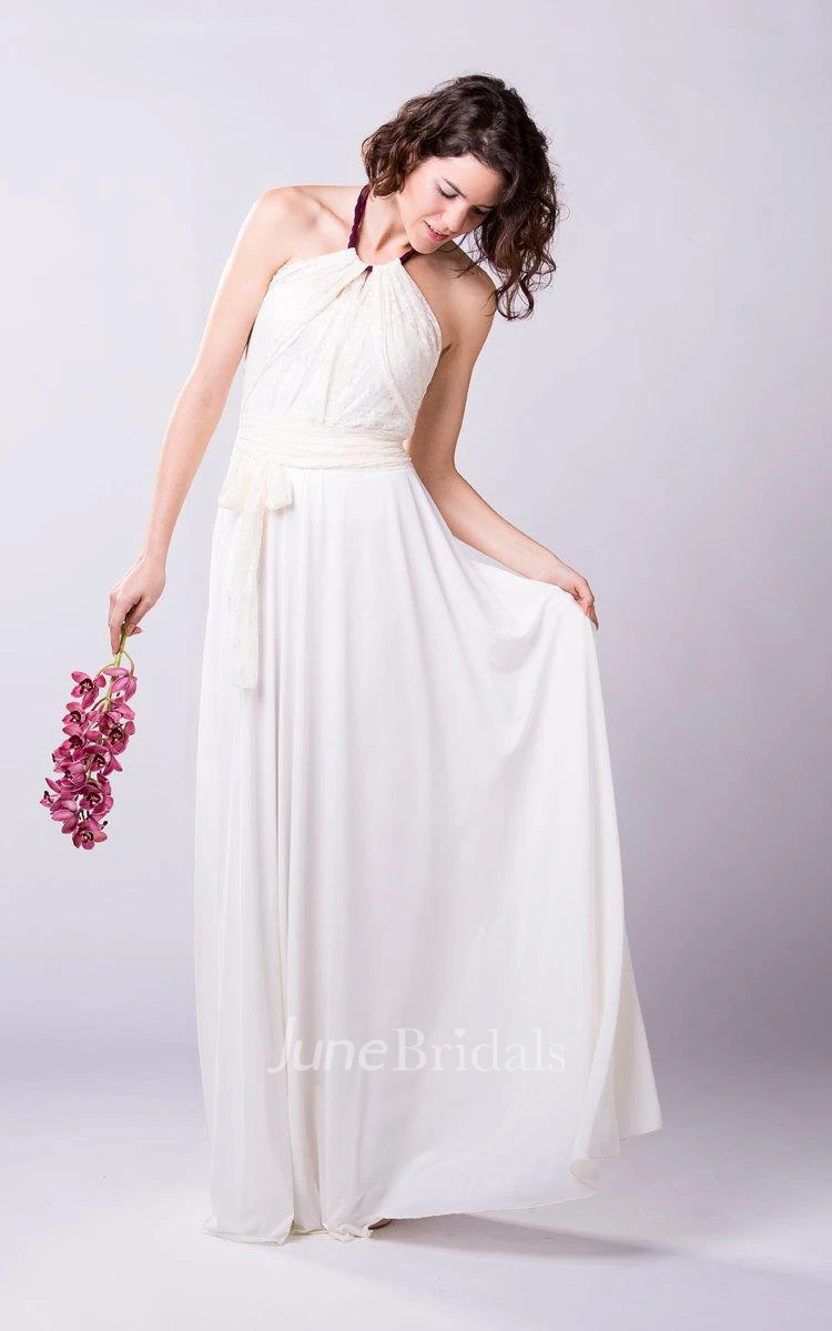 Boho Romantic Chiffon Wedding Dress With Lace Bodice and Halter Neck