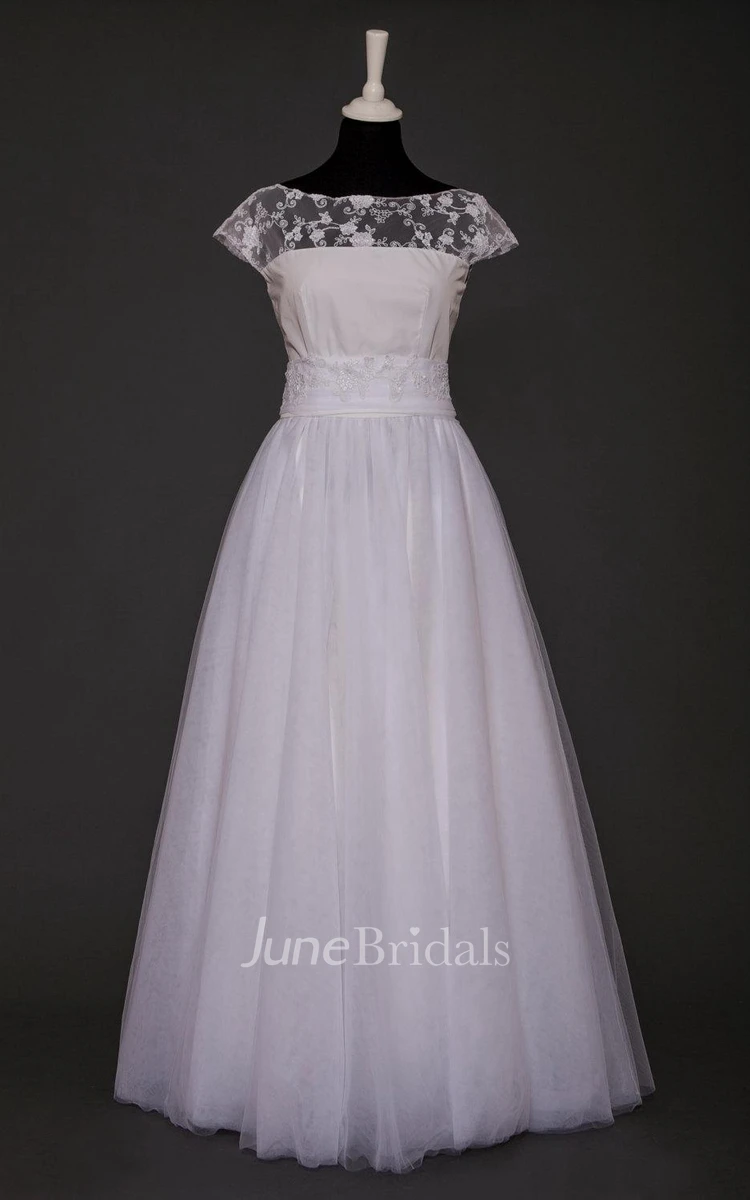 Bateau Cap Sleeve Long Tulle Wedding Dress With Sash And Sequins