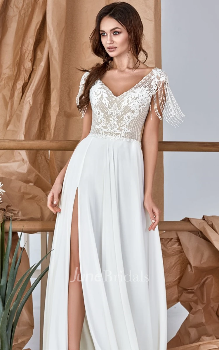 Elegant A-Line Lace Chiffon V-neck Wedding Dress with Split Front and Appliques
