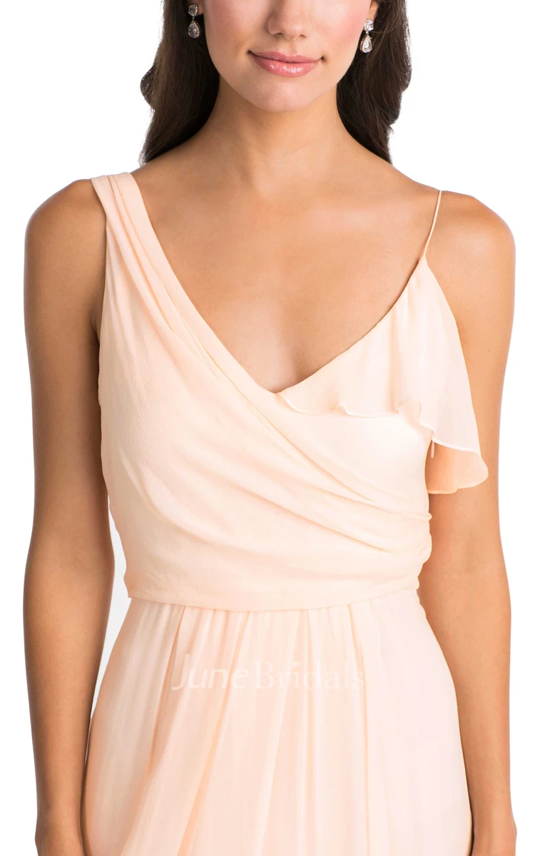 High-Low Cap Sleeve Ruched V-Neck Chiffon Muti-Color Convertible Bridesmaid Dress