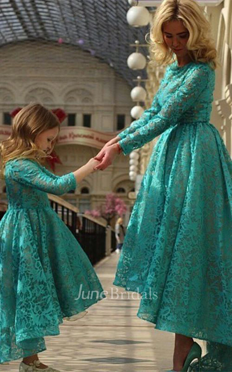 Modern Jewel Long Sleeve Hi-Lo Mother and Daughter Dress Lace Zipper