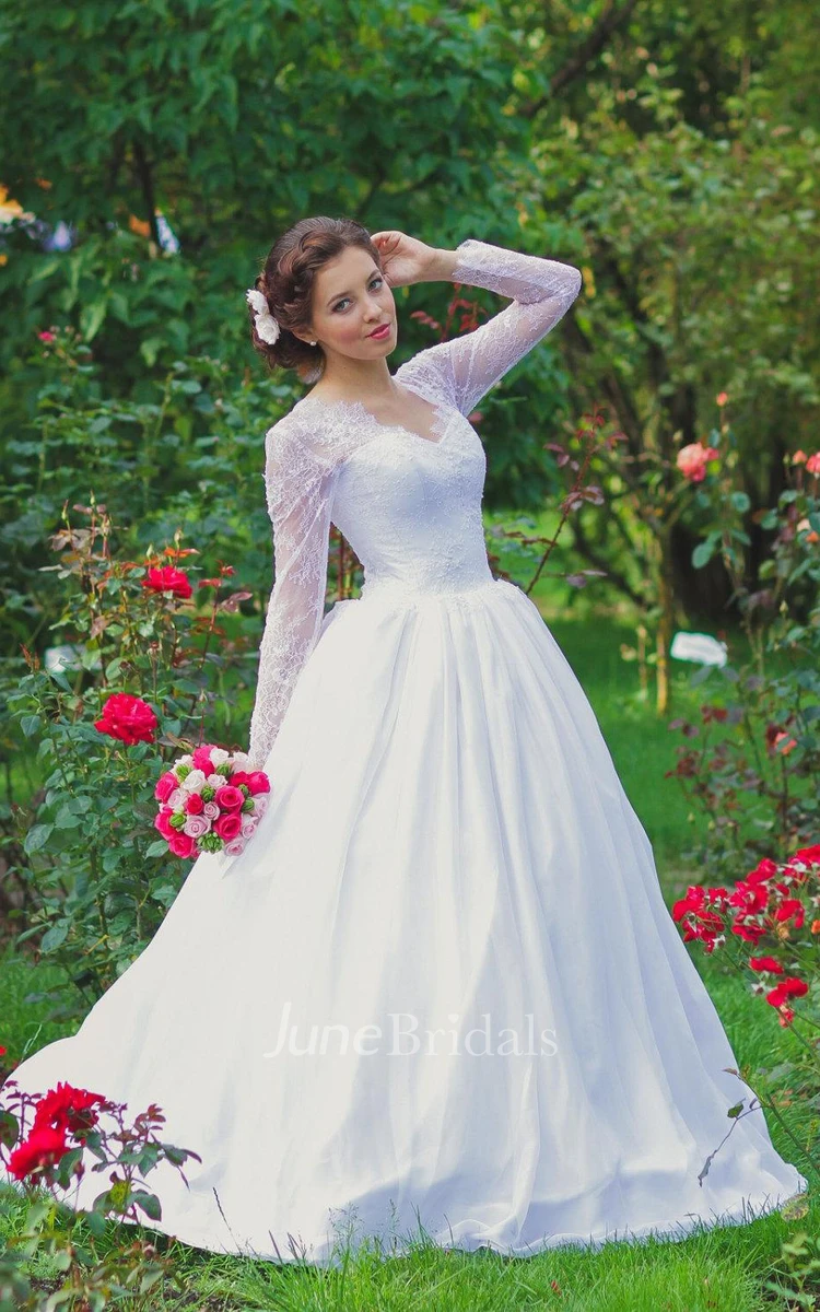 Vintage Inspired Long Lace Sleeves Tulle Wedding Dress With Lace Corset -  June Bridals