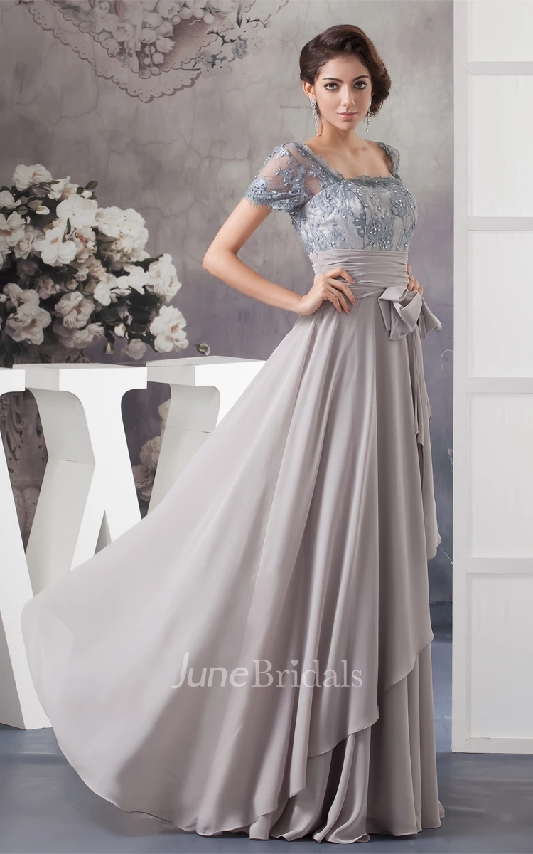 Chiffon Pleated Gown with Bow and Illusion Caped Sleeve