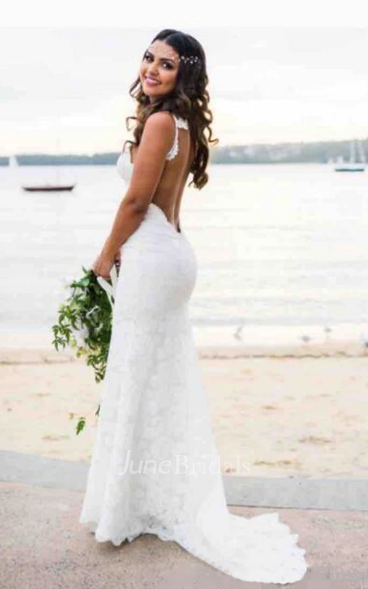 Spaghetti Straps Backless Beach Bride Dress, Bohemian Bridal Gowns
