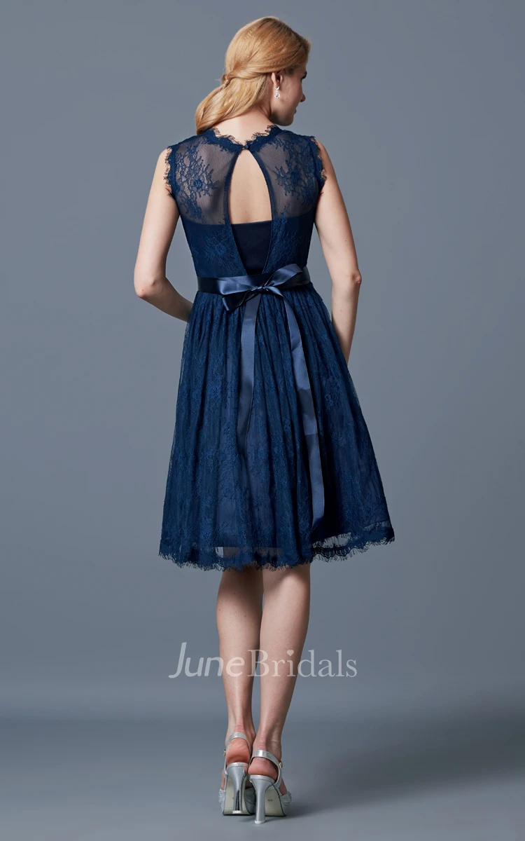 A-line High Neck Lace Bridesmaid Dress with Keyhole Back