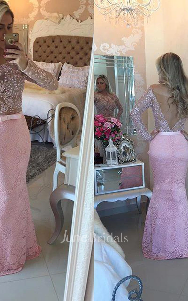 Modern Long Sleeves Pink Prom Dresses Mermaid Lace Floor Length