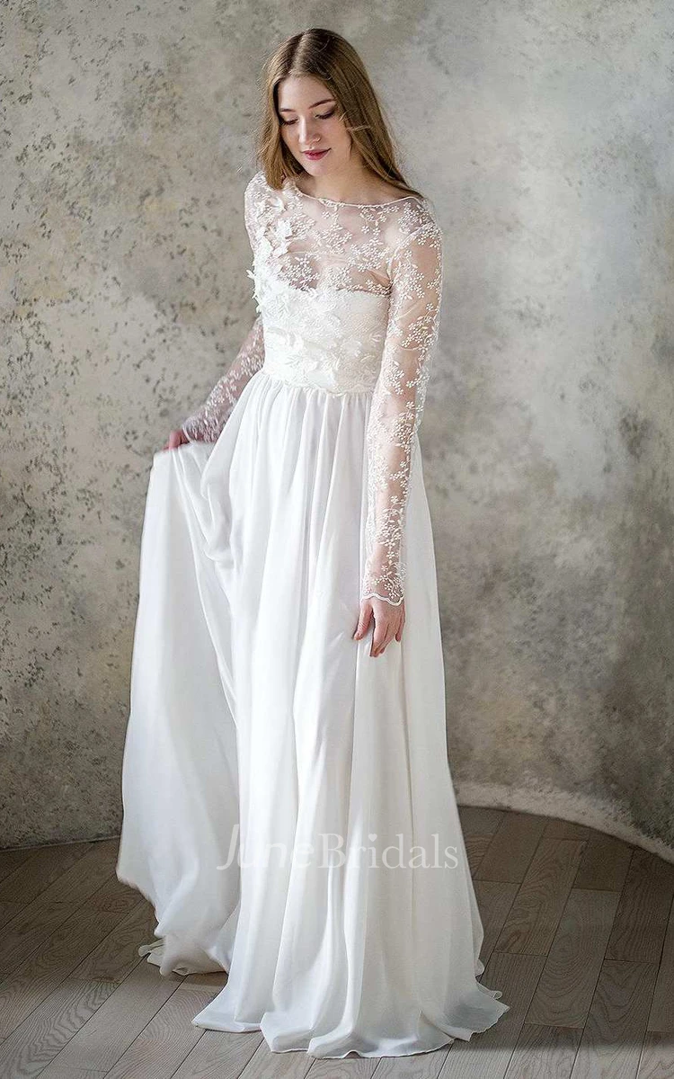 Long Sleeve Chiffon Satin Lace Lace-Up Corset Back Wedding Dress