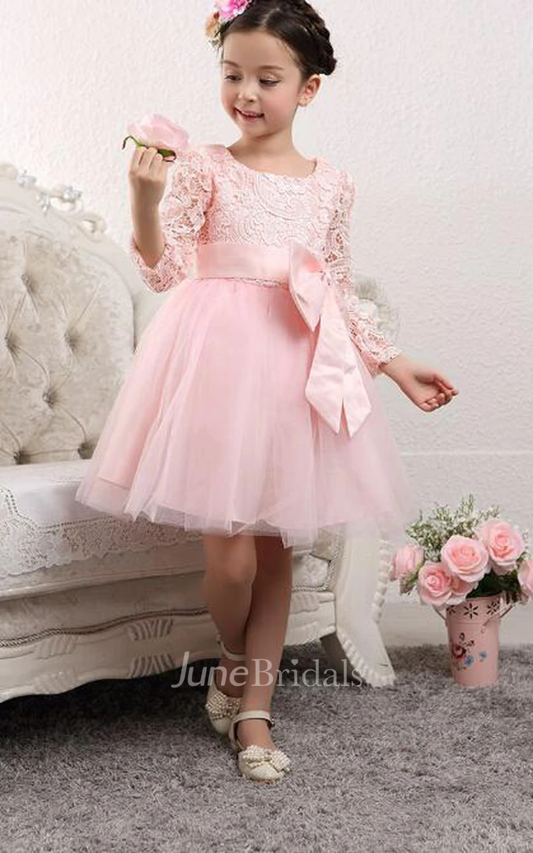 Lovely Tulle Lace Flower Girl Dress Bowknot Long Sleeve Zipper