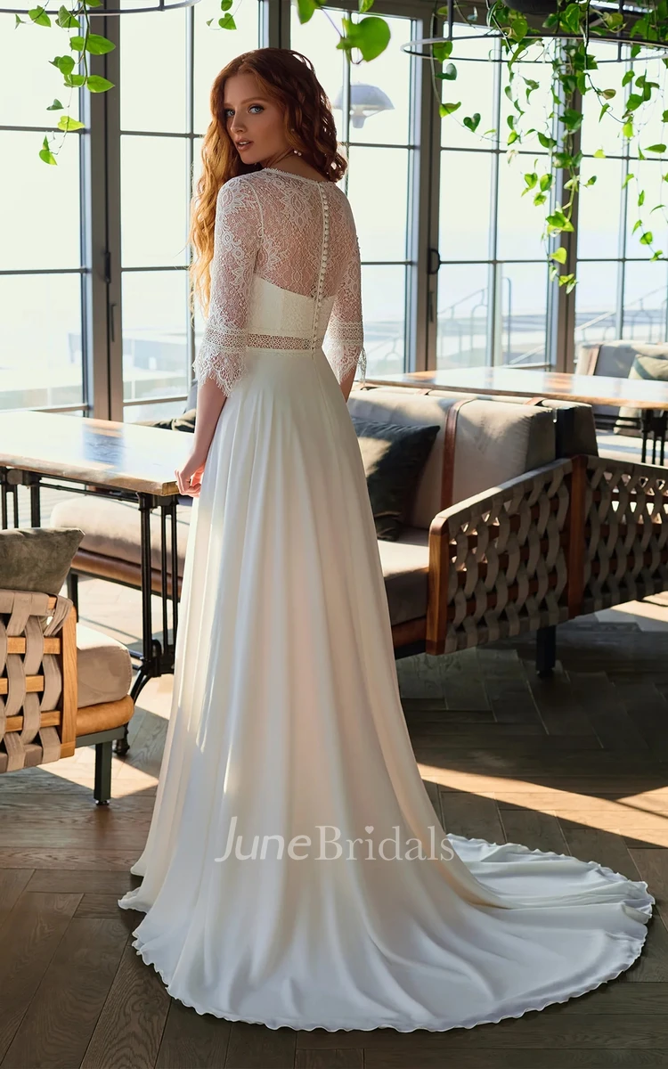 Modern A Line V-neck Lace Court Train Wedding Dress with Appliques