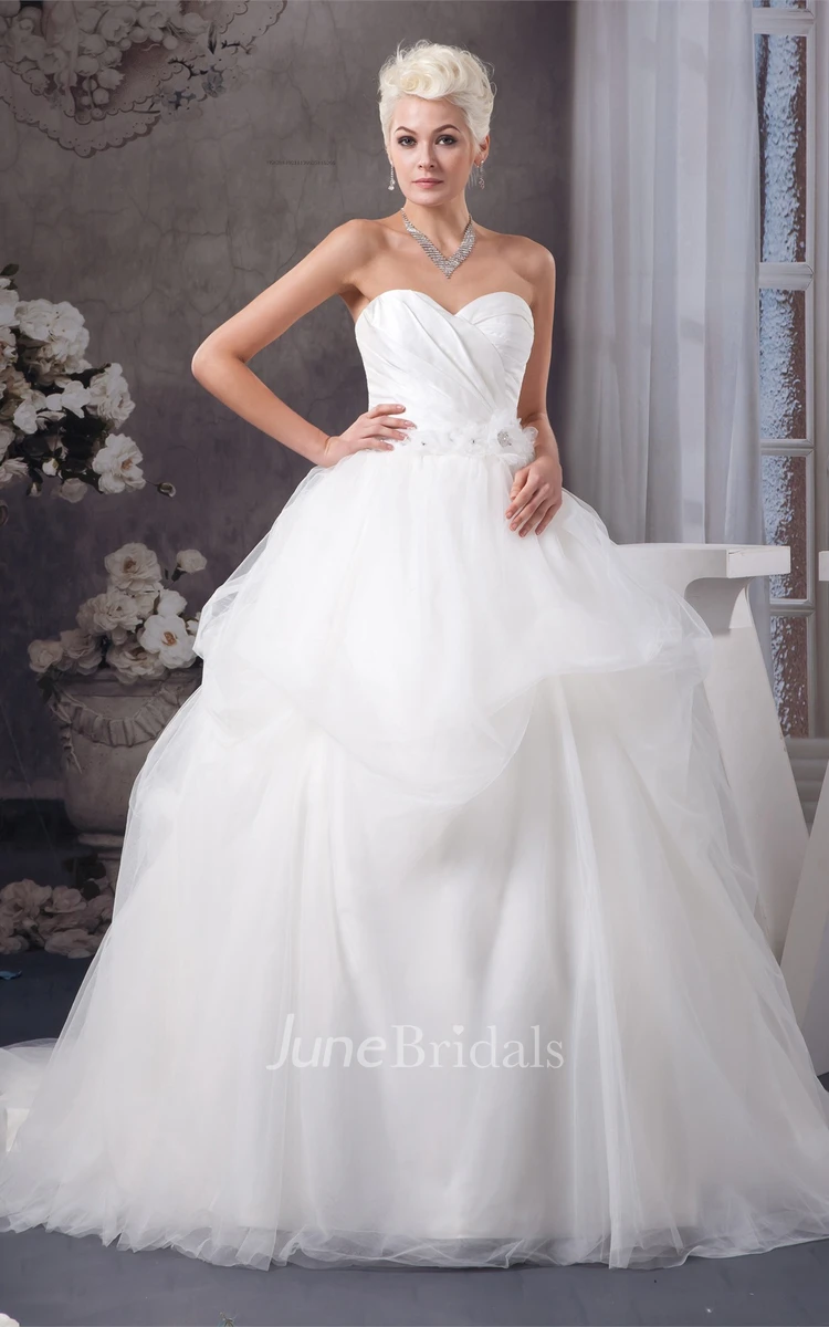 Sweetheart Criss-Cross Tulle Gown with Pick Up and Floral Waist