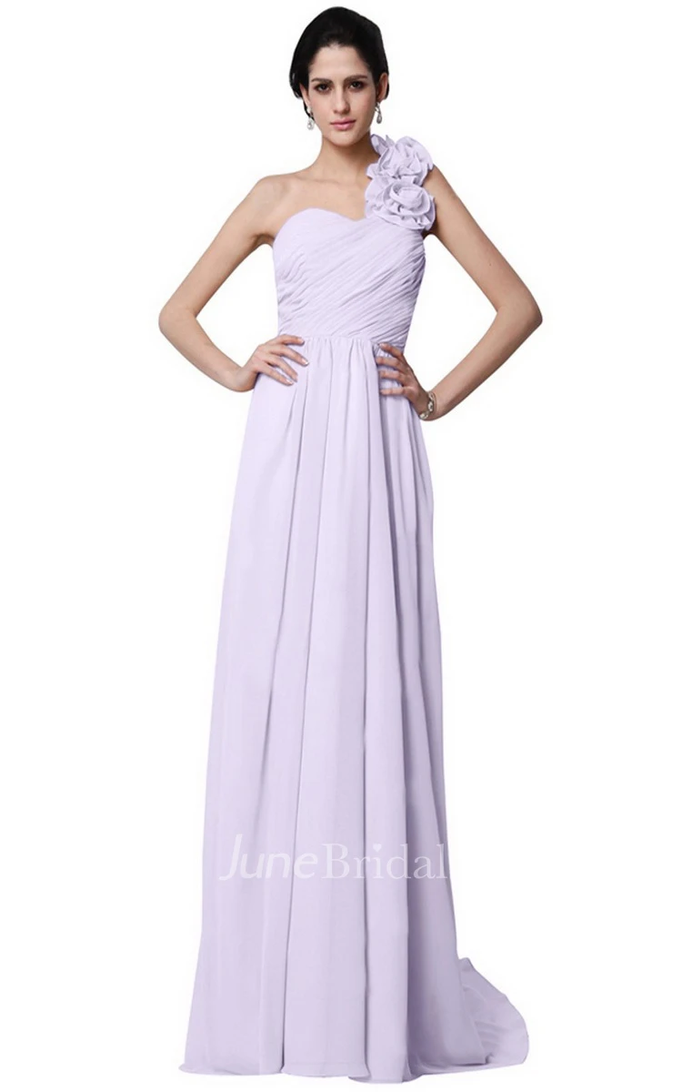 One-shoulder Long Chiffon Dress With Flowers