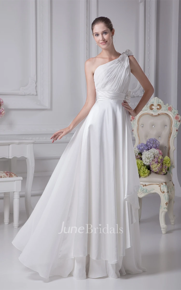 One-Shoulder Draped Floor-Length Dress with Broach and Ruched Top