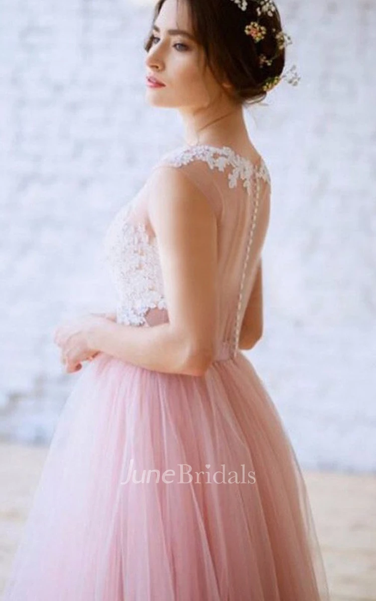 Simple A Line Tulle Bateau Sleeveless Prom Dress with Lace and Pleats