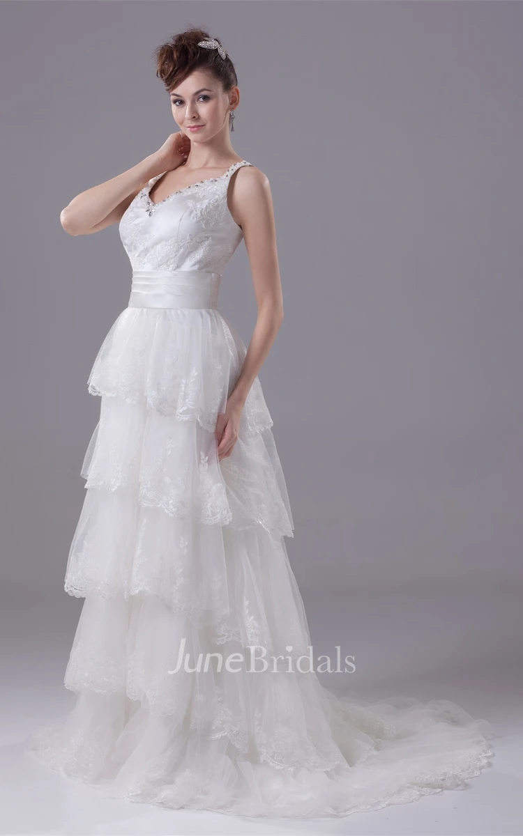 Strapped A-Line Tiered Dress with Lace and Rhinestone