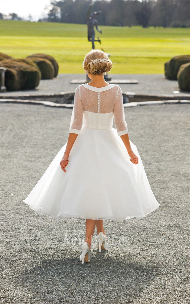 Tea-Length A-Line Bateau Neck Illusion Sleeve Bowed Tulle Wedding Dress