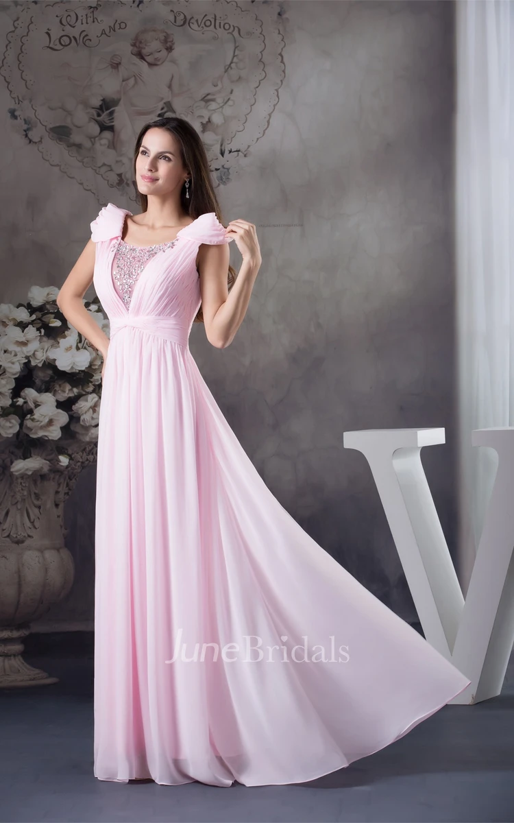 Pastel Caped-Sleeve Beaded Dress with Pleats and Illusion
