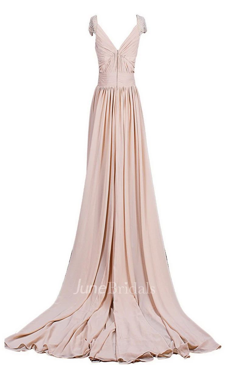 Sleeveless Long Chiffon Gown With Pearled Shoulders