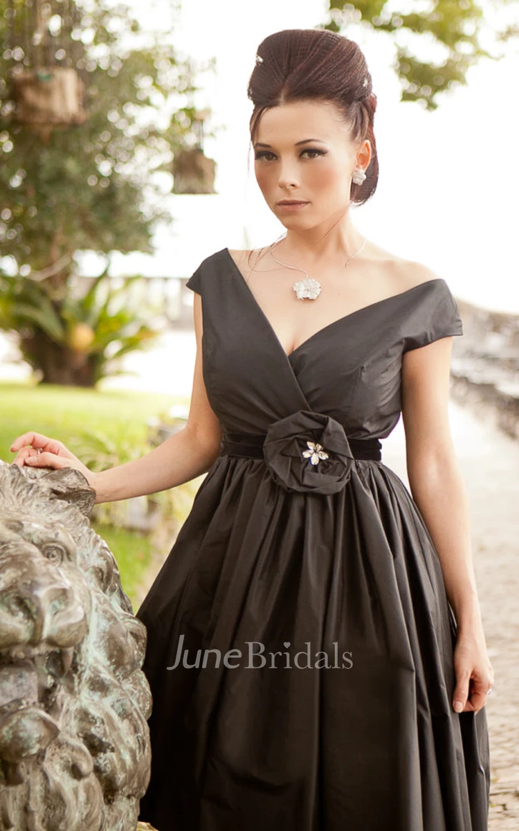Cap-sleeve V-neck High Low Satin Dress With Flower and Pleats