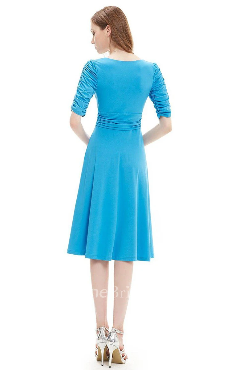 Half-sleeved V-neck Knee-length Ruched Dress