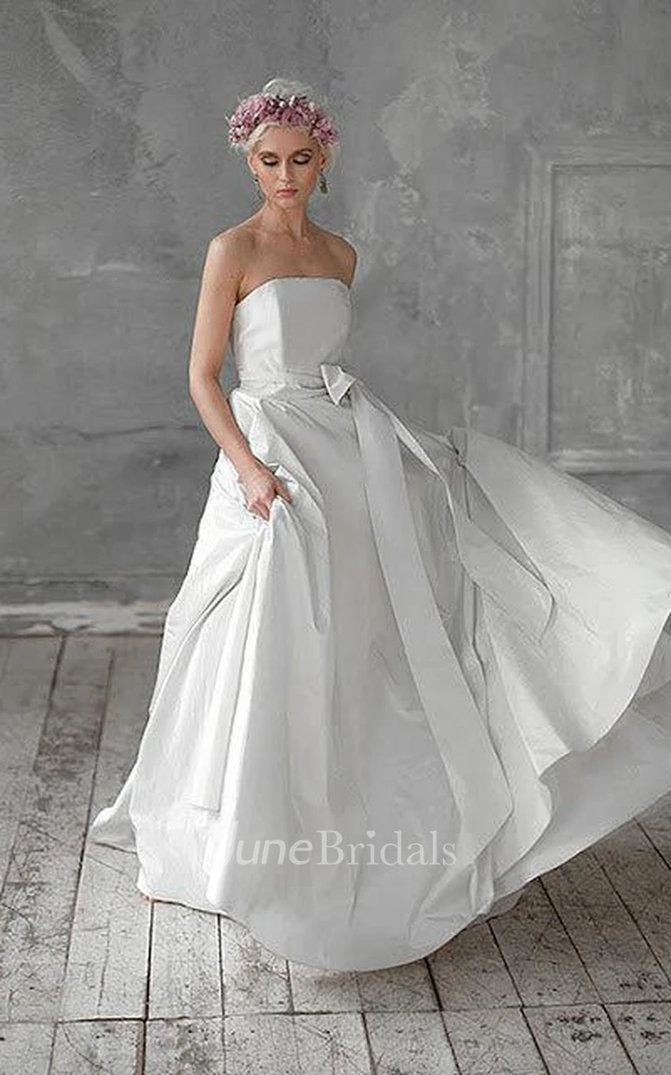 Strapless Long A-Line Taffeta Wedding Dress With Bow Sash
