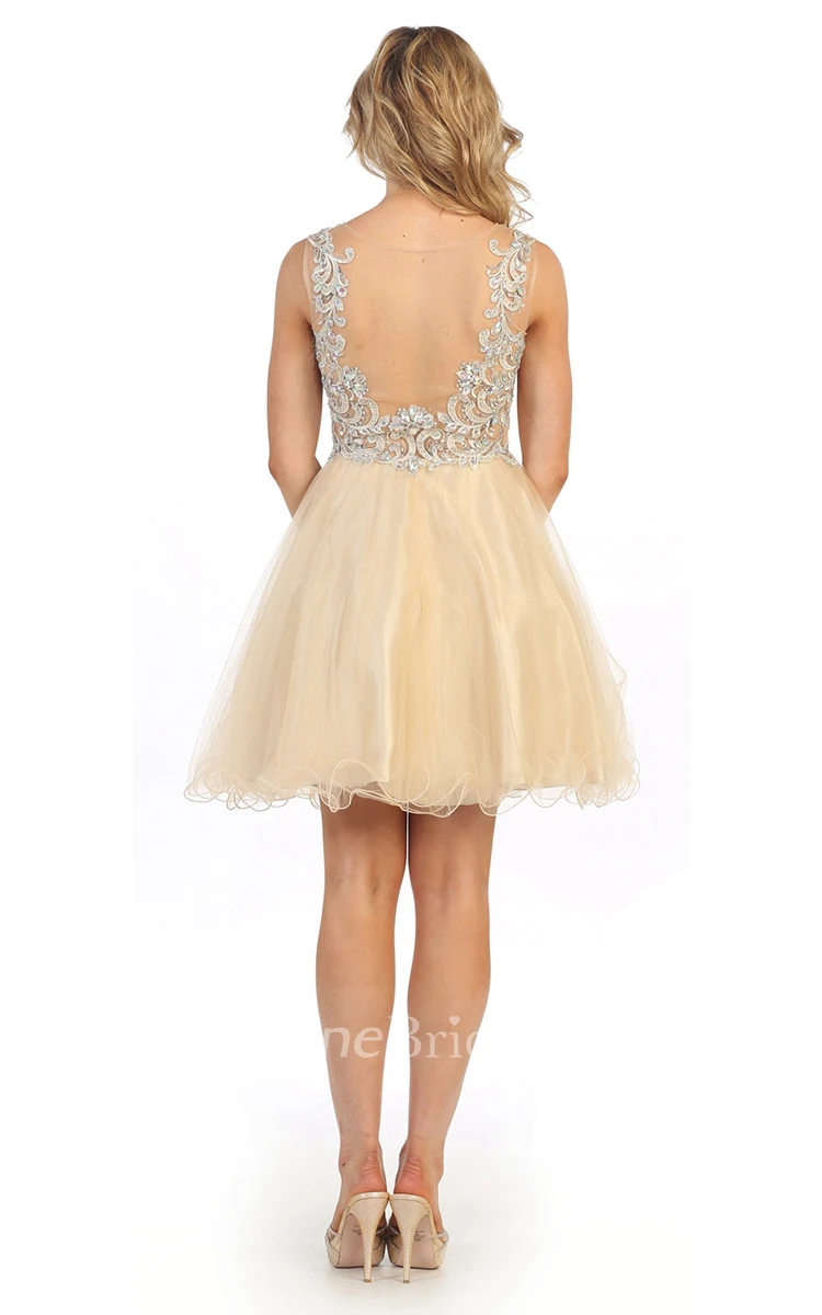 A-Line Short Bateau Empire Tulle Illusion Dress With Beading And Appliques
