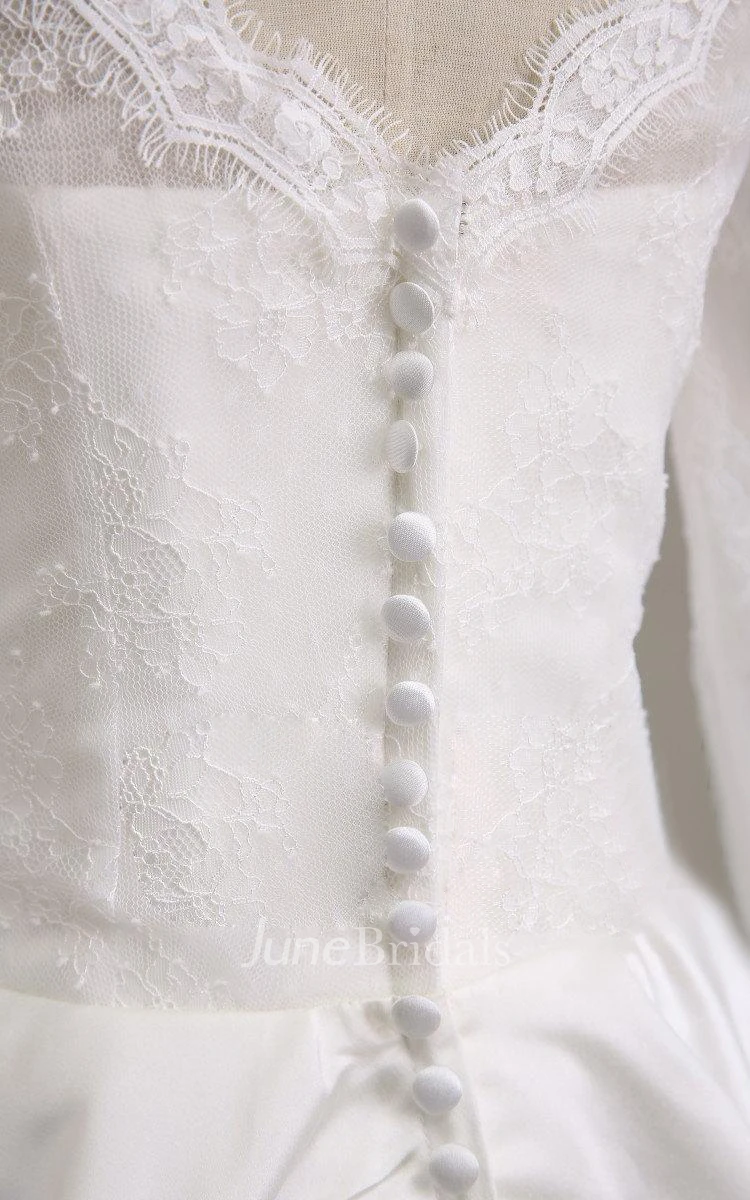 V-Neck Illusion Sleeve Button Back Tea-Length Satin Wedding Dress