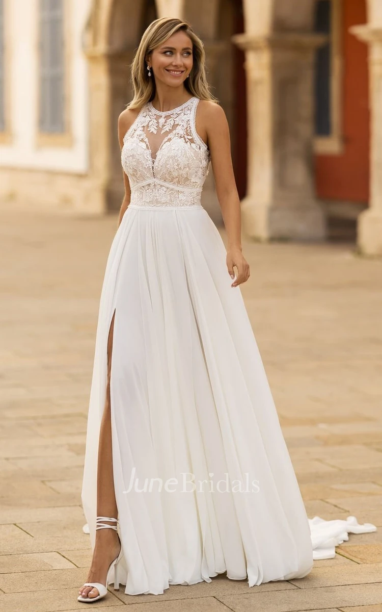 Elegant Modest Charming A-Line Boho Lace Chiffon Wedding Dress Summer Floral Unique Front Split High Neck Backless Trailing Bridal Gown
