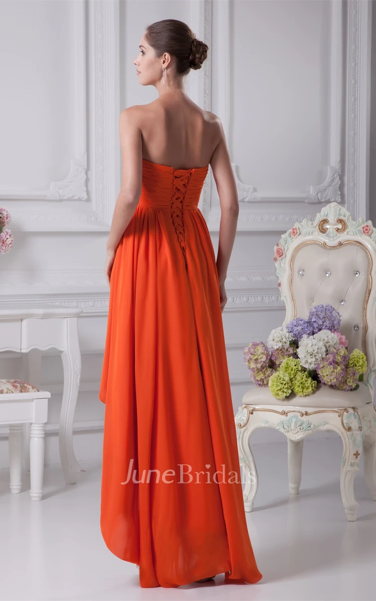 Strapless Gemmed High-Low Chiffon Dress with Pleats
