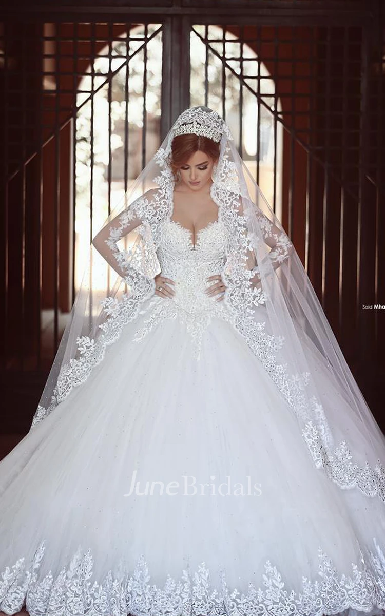 Gorgeous Long Sleeve Lace Ball Gown Wedding Dress With Train on Sale