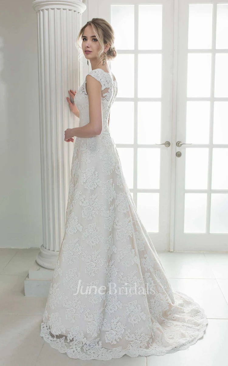 Plunged Sleeveless Lace A-Line Wedding Dress With Sweep Train