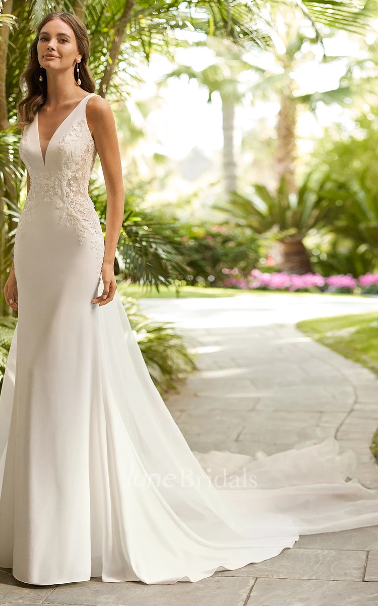 V neck A Line Satin Beach Wedding Dress Casual Sexy Western Romantic Adorable Simple With Deep V Back And Appliques June Bridals